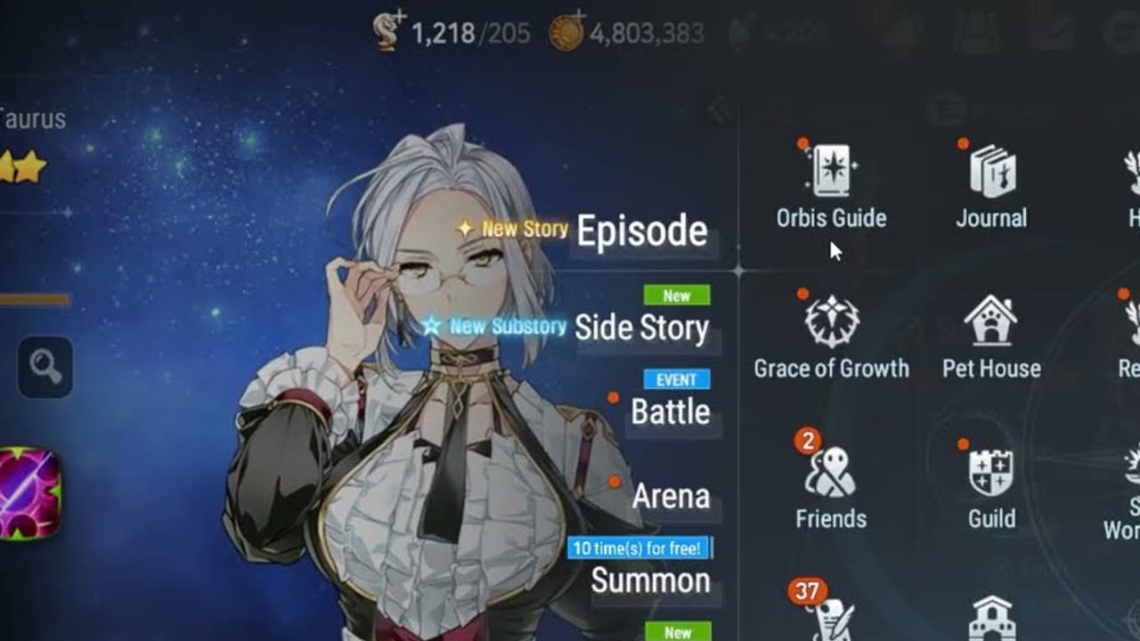 Epic Seven lobby and hero screen showing Sigret with Hunt, Arena, Summon, and Orbis Guide shortcuts.